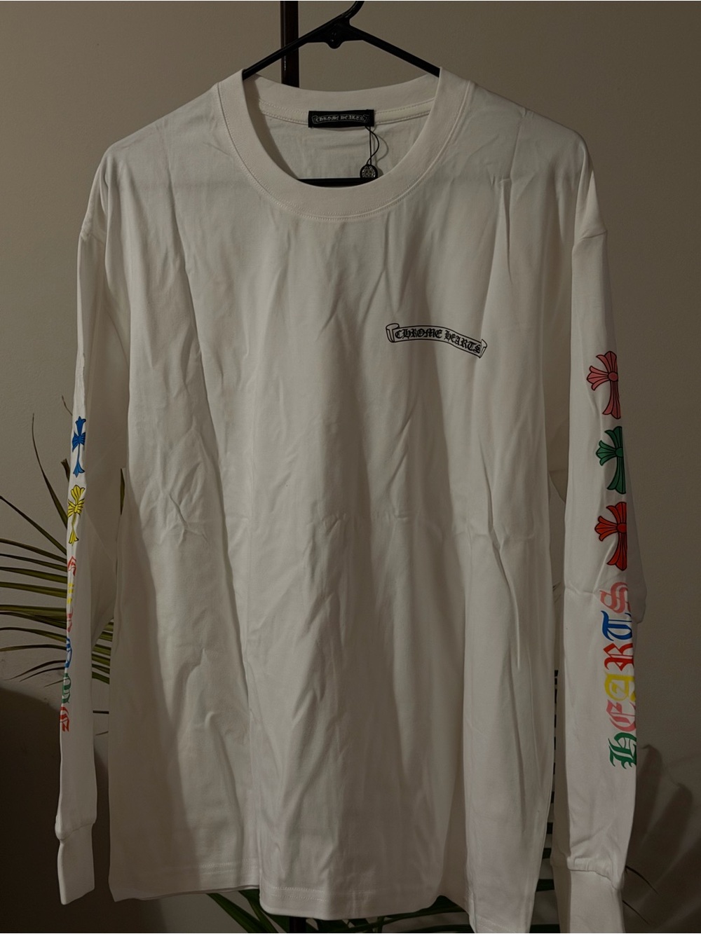 Chrome Hearts White Long Sleeve Tee with Multicolor Sleeve Graphics